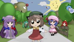 Rule 34 | 00s, 1boy, 3d, 6+girls, :3, = =, animal ears, bat wings, beard, beret, bike horn, bkub (style), blender (medium), blue eyes, blue hair, blue sky, bow, braid, brooch, brown hair, cat ears, cat tail, chen, chibi, cirno, cloud, commentary, crescent, crossover, crown, day, detached sleeves, dress, earrings, facial hair, fang, flying, green eyes, green hair, gs-mantis, hair bow, hat, hatsune miku, highres, hill, holding, hong meiling, jewelry, king harkinian, light purple hair, long hair, looking at viewer, multiple girls, multiple tails, mustache, necktie, nintendo, outdoors, outstretched arms, patchouli knowledge, pink dress, puffy short sleeves, puffy sleeves, purple eyes, purple hair, red eyes, red hair, remilia scarlet, ribbon, short hair, short sleeves, side braid, skirt, sky, smile, spread arms, spring onion, sun, tail, the legend of zelda, the legend of zelda (cd-i), thighhighs, touhou, tree, twin braids, twintails, very long hair, vocaloid, wings