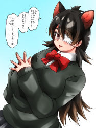 Rule 34 | 1girl, australian devil (kemono friends), blush, bow, bowtie, breasts, brown eyes, brown hair, empty eyes, eyepatch, hair between eyes, hands up, highres, isna (footprintsofisna), kemono friends, large breasts, long hair, long sleeves, looking at viewer, medical eyepatch, own hands together, red bow, red bowtie, smile, solo, steepled fingers, sweater, tasmanian devil ears, tasmanian devil tail