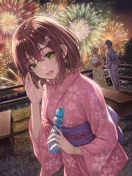 3girls blonde_hair brown_hair fireworks floral_print green_eyes green_kimono hair_ornament hairclip highres japanese_clothes kimono long_hair macha0331 medium_hair multiple_girls night night_sky obi open_mouth original outdoors pink_kimono ponytail purple_hair purple_kimono ramune sash short_hair sky smile solo_focus wide_sleeves yukata