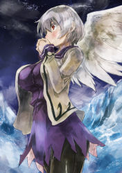 Rule 34 | 1girl, blush, breasts, dress, from below, from side, impossible clothes, impossible dress, jacket, kishin sagume, large breasts, pantyhose, purple eyes, short hair, single wing, solo, touhou, wings, yohane