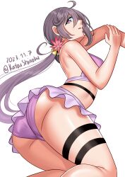 Rule 34 | 1girl, absurdres, ahoge, akebono (kancolle), akebono kai ni (kancolle), ass, bell, bikini, breasts, commentary, dated, english commentary, feet out of frame, flower, hair bell, hair flower, hair ornament, highres, jingle bell, kantai collection, katou shinobu, long hair, looking at viewer, official alternate costume, one-hour drawing challenge, pink bikini, purple eyes, purple hair, side ponytail, simple background, small breasts, solo, swimsuit, twitter username, very long hair, white background
