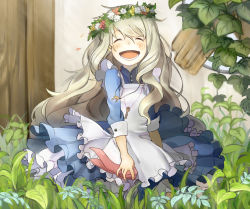Rule 34 | 1girl, apron, blonde hair, blush, child, closed eyes, danchi (pomechize), dress, flower, grass, head wreath, jewelry, kagerou project, key, key necklace, kozakura marry, long hair, necklace, open mouth, ribbon, smile, solo, souzou forest (vocaloid), tall grass, vocaloid, wavy hair, wreath