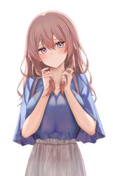 Rule 34 | 1girl, blue shirt, blush, breasts, brown hair, bunching hair, closed mouth, commentary request, cowboy shot, expressionless, grey skirt, hair between eyes, highres, inui shinju, large breasts, long hair, looking at viewer, purple eyes, revision, ru zhai, shirt, short sleeves, simple background, skirt, solo, sono bisque doll wa koi wo suru, white background