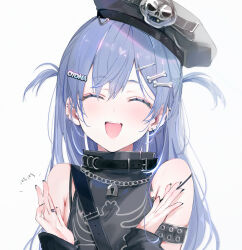 Rule 34 | 1girl, absurdres, armband, beret, black hat, black nails, black shirt, blush, bone hair ornament, chain, clapping, closed eyes, commentary request, detached sleeves, earrings, hair ornament, hat, highres, jewelry, laughing, lock, long hair, multiple earrings, nail polish, open mouth, purple hair, ring, shia job, shirt, simple background, sleeveless, sleeveless shirt, smile, solo, upper body, virtual youtuber, vspo!, white background, yano kuromu