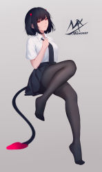 Rule 34 | 1girl, absurdres, black hair, black necktie, black pantyhose, blouse, breasts, closed mouth, collared shirt, demon girl, demon tail, full body, gradient background, grey background, highres, looking at viewer, medium breasts, necktie, no shoes, original, pantyhose, red eyes, shimmer, shirt, shirt tucked in, short hair, skirt, solo, tail, thighs, white shirt