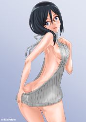 Rule 34 | 10s, 1girl, absurdres, aran sweater, armpits, ass, back cutout, backless dress, backless outfit, bad id, bad pixiv id, bare arms, bare back, bare shoulders, black hair, blue eyes, blush, breasts, butt crack, cable knit, clothing cutout, cowboy shot, dimples of venus, dress, from behind, glasses, gradient background, grey sweater, hair between eyes, hair over shoulder, halterneck, hand on own chest, hand on own hip, hibike! euphonium, highres, index finger raised, large breasts, legs together, light blush, long hair, looking back, meme attire, naked sweater, no bra, no panties, open mouth, red-framed eyewear, ribbed sweater, semi-rimless eyewear, shiny skin, shoulder blades, sideboob, simple background, sleeveless, sleeveless turtleneck, solo, standing, sweater, sweater dress, swept bangs, tanaka asuka, thigh gap, tokifuyua sora, turtleneck, turtleneck sweater, twitter username, virgin killer sweater