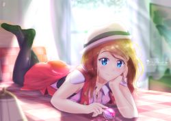 Rule 34 | 1girl, bad id, bad pixiv id, bed, black pantyhose, blue eyes, blush, breasts, brown hair, chinchongcha, cleavage, closed mouth, coat, creatures (company), day, full body, game freak, hair down, hand on own cheek, hand on own face, hat, highres, lamp, legs up, long hair, looking at viewer, lying, nintendo, no shoes, on bed, on stomach, open clothes, open coat, pantyhose, poke ball, pokemon, pokemon (anime), pokemon xy, pokemon xy (anime), red coat, serena (pokemon), shirt, sleeveless, small breasts, smile, solo, sunlight, tree, window