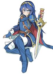 Rule 34 | 1girl, armor, belt, blue cape, blue eyes, blue footwear, blue gloves, blue hair, boots, cape, clenched hands, collared cape, crossed belts, eyelashes, falchion (fire emblem), female focus, fingerless gloves, fingernails, fingers, fire emblem, fire emblem awakening, flat chest, full body, gloves, hair between eyes, hair ornament, highres, holding, holding sword, holding weapon, intelligent systems, legs, light blush, long hair, looking to the side, lucina (fire emblem), matching hair/eyes, nintendo, on floor, parted bangs, planted sword, planted weapon, shoulder armor, sidelocks, simple background, sitting, smile, sword, thigh boots, thighs, tiara, v-shaped eyebrows, weapon, white-stew, white background