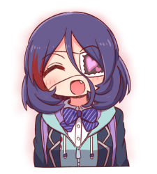 Rule 34 | 1girl, :d, ^ ^, backpack, bag, black jacket, blazer, blue bow, blue hair, blue jacket, blush, bow, closed eyes, collared shirt, commentary request, diagonal stripes, drawstring, dress shirt, eyepatch, facing viewer, fang, hair between eyes, hayasaka mirei, heart, hood, hood down, hooded jacket, idolmaster, idolmaster cinderella girls, jacket, multicolored hair, naga u, open clothes, open jacket, open mouth, parted bangs, red hair, school uniform, shirt, smile, solo, streaked hair, striped, striped bow, upper body, white background, white shirt