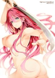 Rule 34 | 1girl, arm up, ass, breasts, completely nude, copyright name, floating hair, green eyes, highres, holding, holding sword, holding weapon, large breasts, long hair, looking at viewer, nightmare x nobleblood, nipples, non-web source, nude, official art, onizuki rei, pink hair, simon (n.s craft), simple background, solo, sword, weapon, white background