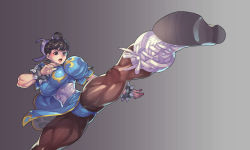 Rule 34 | 1girl, absurdres, ahoge, boots, bracelet, breasts, brown pantyhose, capcom, china dress, chinese clothes, chun-li, cross-laced footwear, dress, earrings, fang, female focus, fengmo, foreshortening, gradient background, grey background, highres, jewelry, kicking, large breasts, legs up, pantyhose, pelvic curtain, puffy short sleeves, puffy sleeves, short sleeves, side slit, solo, spiked bracelet, spikes, street fighter, thick thighs, thighs, white footwear