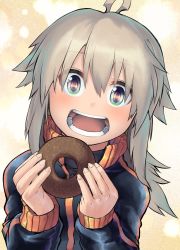 Rule 34 | 1girl, antenna hair, black jacket, commentary request, doughnut, food, green eyes, grey hair, hair between eyes, hands up, high collar, highres, holding, holding food, jacket, koshirae tsurugi (m.m), long hair, looking at viewer, m.m, open mouth, original, solo, track jacket, upper body