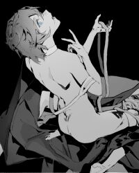 Rule 34 | 1other, androgynous, black background, blood, blood from mouth, blue eyes, cape, chinese commentary, choker, cine hamal, commentary request, corallo, from behind, greyscale, guro, holding organ, intestines, kuzu suzumi, len&#039;en, looking at viewer, looking back, monochrome, nude, open mouth, short hair, shoulder blades, sitting, smile, spot color, teeth, unworn clothes, v, wariza
