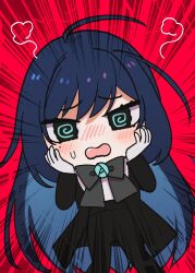 Rule 34 | 1girl, @ @, ado (utaite), ahoge, black bow, black bowtie, black coat, black pants, blue eyes, blue hair, blush, bow, bowtie, chando (ado), chibi, cloud nine inc, coat, colored inner hair, commentary request, dark blue hair, fang, flower brooch, gloves, hands on own cheeks, hands on own face, highres, long hair, long sleeves, looking at viewer, mole, mole under eye, multicolored hair, open clothes, open coat, open mouth, pants, red background, riseno, shirt, solo, sweatdrop, two-tone hair, utaite, very long hair, white gloves, white shirt