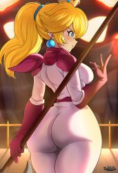 Rule 34 | 1girl, absurdres, ass, biker clothes, biker peach, bikesuit, blonde hair, blue eyes, bodysuit, breasts, cowboy shot, crown, earrings, from behind, hammerofsolace, highres, holding, holding polearm, holding weapon, huge ass, jewelry, large breasts, legs, long hair, mario (series), nintendo, polearm, ponytail, princess peach, sideboob, skin tight, solo, sphere earrings, the super mario bros. movie, thick thighs, thighs, weapon, white bodysuit
