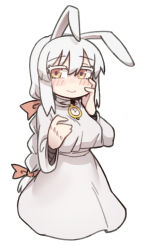 Rule 34 | 1girl, animal ears, bandaged arm, bandaged neck, bandages, black souls, bow, braid, breasts, clock, closed mouth, colored eyelashes, dress, floppy ears, hair between eyes, hair bow, hand on own chest, hand on own face, hands up, large breasts, long hair, multiple hair bows, no nose, node (black souls), nyong nyong, orange bow, rabbit ears, sidelocks, simple background, single braid, smile, solo, white background, white dress, white hair, yellow eyes