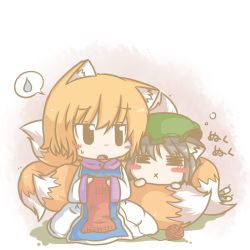 Rule 34 | 2girls, :x, = =, animal ears, black hair, blonde hair, blush stickers, cat ears, cat tail, chen, closed eyes, closed mouth, commentary request, dekasudachin, dress, fox ears, fox tail, green hat, hat, long hair, mob cap, multiple girls, multiple tails, nekomata, open mouth, short hair, tabard, tail, touhou, two tails, white dress, yakumo ran