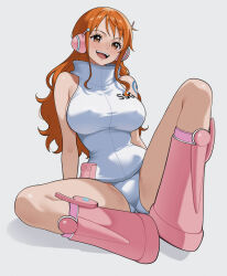 1girl absurdres arm_support bare_shoulders belt_bag blush boots breasts brown_eyes commentary crotch english_commentary full_body grey_background headphones highres kagara knee_boots knee_up large_breasts leotard long_hair looking_at_viewer nami_(one_piece) official_alternate_costume one_piece open_mouth orange_hair panties pink_bag pink_footwear science_fiction shoulder_tattoo sidelocks sitting smile solo spread_legs tattoo thighs underwear upper_body wavy_hair white_leotard white_panties