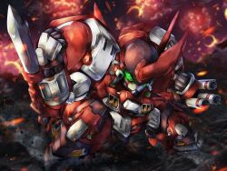 Rule 34 | alteisen, armor, explosion, green eyes, highres, horns, looking at viewer, mecha, nica (32400260), no humans, pile bunker, robot, science fiction, single horn, solo, super robot wars, super robot wars original generation, weapon