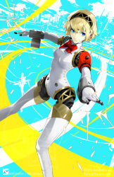 Rule 34 | 1girl, aegis (persona), android, blonde hair, breasts, closed mouth, commentary, english commentary, eyelashes, feet out of frame, gloves, headphones, highres, joints, nikusenpai, persona, persona 3, short hair, small breasts, solo, white gloves