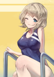 Rule 34 | 1girl, absurdres, artist name, artist request, breasts, brown hair, competition swimsuit, female focus, grey hair, hair between eyes, highres, large breasts, light brown hair, love live!, love live! sunshine!!, one-piece swimsuit, one eye closed, sakanafish, short hair, smile, solo, swimsuit, watanabe you