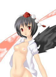 Rule 34 | 1girl, black hair, black wings, breasts, female focus, hat, kurone, looking at viewer, nipples, nude, open clothes, open shirt, shameimaru aya, shirt, short hair, small breasts, solo, touhou, wings