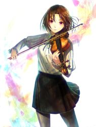 Rule 34 | 1girl, black pantyhose, bow (music), brown hair, frilled sleeves, frills, fuzichoco, highres, instrument, original, pantyhose, red eyes, short hair, solo, standing, violin