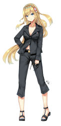 Rule 34 | 1girl, bad id, bad pixiv id, black-framed eyewear, black footwear, black jacket, black pants, blonde hair, blue eyes, blue nails, blush, braid, breasts, character request, cleavage, closed mouth, collarbone, commentary request, crown braid, unworn eyewear, fingernails, formal, full body, glasses, hair between eyes, hair ornament, hand on own hip, head tilt, highres, holding, holding removed eyewear, jacket, light frown, long hair, long sleeves, medium breasts, nail polish, pant suit, pants, sandals, signature, simple background, solo, standing, suit, toenail polish, toenails, very long hair, warship girls r, white background, zhudacaimiao