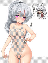 Rule 34 | 2girls, animal ear fluff, animal ears, areola slip, blush, breasts, cameltoe, checkered clothes, checkered swimsuit, chibi, collarbone, commentary request, fox ears, fox tail, glasses, gluteal fold, grey hair, hair between eyes, jacket, kei kei, long hair, medium breasts, meme, multiple girls, navel, one-piece swimsuit, open mouth, original, pants, ponytail, purple eyes, see-through, standing, swimsuit, tail, track jacket, track pants, track suit, translated