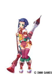 Rule 34 | anping (oshiro project), blue hair, boots, copyright name, detached sleeves, green eyes, holding, holding weapon, kokka han, m1 bazooka, oshiro project:re, oshiro project:re, rocket launcher, rpg (weapon), short hair, simple background, solo, thighhighs, weapon, white background