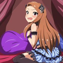 Rule 34 | 1girl, bare shoulders, blush, breasts, brown hair, curtains, embarrassed, forehead, frilled skirt, frilled sleeves, frills, hair ornament, idolmaster, idolmaster (classic), idolmaster million live!, idolmaster million live! theater days, indoors, lace trim, long hair, looking at viewer, looking back, minase iori, nejime (nejimeinu), open mouth, pillow, polka dot, sitting, skirt, small breasts, solo, straight hair, sweat, thighhighs, wariza, wavy eyebrows, wavy mouth, wrist cuffs