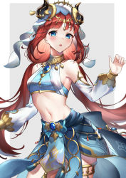 Rule 34 | 1girl, absurdres, bare shoulders, blue eyes, blush, breasts, brooch, circlet, crop top, dancer, detached sleeves, genshin impact, hands up, harem outfit, highres, horns, jewelry, long hair, long sleeves, looking at viewer, low twintails, myske (myst34415756), navel, neck ring, nilou (genshin impact), parted bangs, parted lips, puffy long sleeves, puffy sleeves, red hair, sideboob, sidelocks, skirt, small breasts, solo, stomach, thighlet, twintails, two-tone background, vambraces, veil, vision (genshin impact)