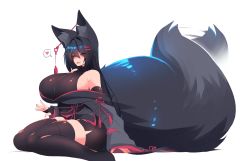 Rule 34 | 1girl, animal ear fluff, animal ears, bare shoulders, black hair, black thighhighs, blush, breasts, curvy, ear piercing, elbow gloves, closed eyes, fang, fingerless gloves, fox ears, fox girl, fox tail, gloves, hair intakes, hair ornament, hairclip, heart, highres, huge breasts, japanese clothes, kimono, kiri (sub-res), lap pillow invitation, large tail, leotard, leotard under clothes, long hair, off shoulder, original, piercing, sideboob, simple background, sitting, skin fang, skindentation, sleeves past wrists, smile, solo, spoken heart, sub-res, tail, tail wagging, thick thighs, thighhighs, thighs, very long hair, wariza, white background, zettai ryouiki