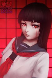 Rule 34 | 1girl, black hair, blood, blood on face, blouse, blue sailor collar, blunt bangs, copyright name, enma ai, highres, hime cut, jigoku shoujo, lips, long hair, miura-n315, neckerchief, nose, red eyes, red neckerchief, sailor collar, school uniform, serafuku, shirt, short sleeves, solo, translation request, upper body, white shirt