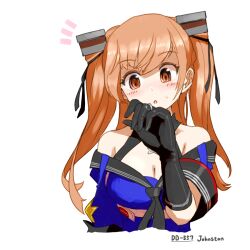 Rule 34 | 1girl, :o, black gloves, blue shirt, blush, breasts, brown eyes, brown hair, character name, cleavage, cropped torso, gloves, hair ribbon, jewelry, johnston (kancolle), kantai collection, large breasts, long hair, notice lines, oso (toolate), parted lips, ribbon, ring, shirt, simple background, solo, sparkle, star (symbol), sweat, two side up, upper body, wedding ring, white background