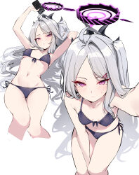 Rule 34 | 1girl, absurdres, ahoge, alternate costume, armpits, arms up, bare arms, bare shoulders, bikini, black bikini, black halo, black horns, blue archive, blush, closed mouth, commentary, demon girl, demon horns, from above, hair ornament, hairclip, halo, highres, hina (blue archive), holding, holding phone, horns, long hair, lying, multiple horns, multiple views, navel, on back, open mouth, outstretched arm, phone, purple eyes, shigure s, side-tie bikini bottom, simple background, single hair intake, sitting, stomach, sweat, swimsuit, very long hair, white background, white hair