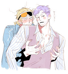 Rule 34 | 2boys, beard stubble, blonde hair, blue hair, blue jacket, blush, chanko neru, collared shirt, couple, cropped torso, dark-skinned male, dark skin, facial hair, goggles, goggles on head, grabbing, grabbing from behind, hair slicked back, iceburg, jacket, male focus, mature male, medium hair, multiple boys, mustache stubble, one piece, open clothes, open jacket, orange-tinted eyewear, partially unbuttoned, paulie, pectoral grab, purple lips, shirt, short hair, simple background, striped clothes, striped shirt, stubble, tinted eyewear, translated, undercut, waistcoat, white background, yaoi