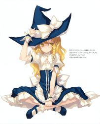 Rule 34 | 1girl, :o, absurdres, alternate costume, blonde hair, braid, colored eyelashes, eyelashes, female focus, full body, hand on headwear, hat, highres, indian style, kirisame marisa, long hair, mary janes, scan, shingo (missing link), shoes, simple background, sitting, skirt, solo, touhou, white background, witch, witch hat, wrist cuffs, yellow eyes