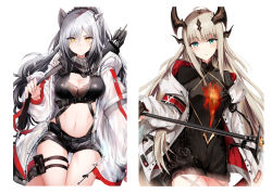 Rule 34 | 2girls, absurdres, ahoge, animal ears, arknights, arrow (projectile), belt pouch, black shirt, black shorts, black sweater, blush, breasts, brown gloves, cat ears, cleavage, closed mouth, cowboy shot, crop top, dragon horns, drawstring, gloves, green eyes, grey hair, headpiece, highres, holding, holding weapon, hood, hood down, hooded jacket, horns, jacket, kinona, large breasts, light in heart, long hair, looking at viewer, midriff, multiple girls, navel, open clothes, open jacket, parted lips, ponytail, pouch, quiver, reed (arknights), ribbed sweater, schwarz (arknights), shirt, short shorts, shorts, sidelocks, simple background, small breasts, stomach, strap, sweater, thigh strap, thighs, very long hair, weapon, white background, white jacket, yellow eyes