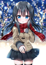Rule 34 | 1girl, black hair, black skirt, black thighhighs, blue eyes, blurry, blurry background, blush, breasts, brown jacket, coat, commentary request, depth of field, duffel coat, fringe trim, grey sweater, hair between eyes, hair ornament, hand up, highres, jacket, long hair, long sleeves, looking at viewer, original, parted lips, plaid, plaid scarf, pleated skirt, red scarf, scarf, school uniform, skindentation, skirt, sleeves past wrists, small breasts, solo, sweater, thighhighs, uchuuneko, very long hair, x hair ornament