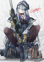 Rule 34 | 1girl, assault rifle, black pantyhose, blue footwear, blue gloves, blue hair, blue headwear, blue hoodie, blue skirt, blush, character name, choker, clukay (neural cloud), collarbone, commentary, cross hair ornament, girls&#039; frontline neural cloud, gloves, green eyes, gun, h&amp;k hk416, hair ornament, highres, hk416 (girls&#039; frontline), holding, holding gun, holding weapon, hood, hoodie, jacket, long hair, long sleeves, looking at viewer, pantyhose, parted lips, persocon93, pleated skirt, red choker, rifle, sidelocks, skirt, solo, suppressor, teardrop facial mark, weapon, white jacket