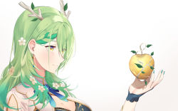 Rule 34 | 1girl, antlers, apple, blush, braid, braided bangs, breasts, ceres fauna, cleavage, commentary, earrings, flower, food, from side, fruit, golden apple, green hair, hair flower, hair ornament, highres, hololive, hololive english, horns, jewelry, large breasts, long hair, mole, mole under eye, simple background, smile, solo, upper body, virtual youtuber, white background, yellow eyes, yuya (yuya illust)