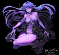 Rule 34 | 1girl, armor, bare shoulders, bikini armor, black background, blue hair, breasts, caesty, character request, collarbone, colored skin, dated, elf, full body, glowing, glowing eyes, granatha eternal, jewelry, lips, long hair, medium breasts, navel, pink eyes, pointy ears, purple skin, purple theme, ring, showgirl skirt, smile, solo, tattoo, thighs, very long hair
