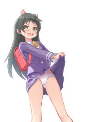 Rule 34 | 1girl, animal ears, backpack, bag, bell, black hair, blush, cameltoe, cat ears, clothes lift, commentary request, fake animal ears, fang, feet out of frame, green eyes, hazuki kurumi, highres, jacket, kaitou tenshi twin angel, lifted by self, long hair, long sleeves, neck bell, open mouth, paid reward available, panties, purple jacket, purple skirt, randoseru, red bag, simple background, skin fang, skirt, skirt lift, solo, sweat, tenjou ryuka, twin angel, underwear, wavy mouth, white background, white panties, wide sleeves