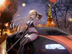 Rule 34 | 1girl, absurdres, alternate costume, arm behind head, arm up, armpits, ass, azur lane, backless outfit, bag, bare shoulders, bare tree, black gloves, black necktie, black shorts, black thighhighs, blonde hair, bracelet, breasts, bugatti, bugatti veyron, building, car, checkered clothes, checkered flag, city, city lights, closed mouth, clothes writing, cloud, cloudy sky, commentary, crop top, cross, crown, eiffel tower, elbow gloves, feet out of frame, flag, france, from side, fur-trimmed gloves, fur-trimmed thighhighs, fur trim, gloves, hair between eyes, hair ornament, hairband, halterneck, headset, highres, holding, holding flag, iris libre (emblem), jewelry, kcar66t, lamppost, large breasts, long hair, looking at viewer, lowleg, lowleg pants, midriff, motor vehicle, navel, necktie, night, orange gloves, outdoors, pants, paris, pink eyes, print thighhighs, product placement, race queen, real world location, revision, richelieu (azur lane), road, shirt, short shorts, shorts, sideboob, sidelocks, sitting, sitting on car, sky, smile, solo, sports car, stomach, street, text print, thighhighs, thighs, thong, tight clothes, tree, two-tone gloves, very long hair, white shirt, wind, wind lift