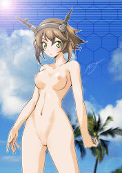 Rule 34 | 10s, 1girl, bad id, bad pixiv id, blush, breasts, brown hair, chain, cloud, day, green eyes, groin, headgear, kantai collection, large breasts, looking at viewer, mutsu (kancolle), navel, nipples, nude, onaya masakazu, personification, pussy, short hair, sky, solo, uncensored