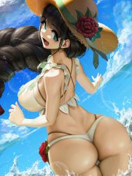 Rule 34 | 1girl, :d, ass, back, bare arms, bare shoulders, bikini, black hair, black survival, blunt bangs, blush, braid, breasts, brown hat, butt crack, character request, dimples of venus, dutch angle, flower, from behind, green eyes, gweon sua, hat, hat flower, large breasts, letdie1414, long hair, looking at viewer, looking back, ocean, open mouth, red flower, single braid, skindentation, smile, solo, straw hat, swimsuit, thigh gap, very long hair, wading, water, white bikini
