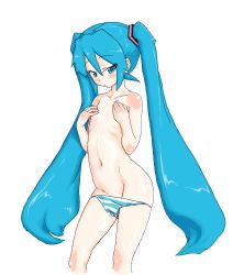 Rule 34 | 1girl, aqua eyes, aqua hair, covering breasts, covering privates, flat chest, hatsune miku, long hair, navel, panties, panty pull, ronsu, simple background, solo, striped clothes, striped panties, topless, twintails, underwear, very long hair, vocaloid, white background