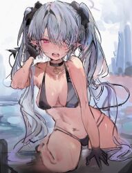 Rule 34 | 1girl, absurdres, bikini, black bikini, black choker, black gloves, blue archive, blush, breasts, choker, gloves, grey hair, hair between eyes, hair over one eye, halo, highres, iori (blue archive), iori (swimsuit) (blue archive), korean commentary, long hair, looking at viewer, medium breasts, navel, official alternate costume, open mouth, outdoors, pink eyes, pointy ears, qqkkay, solo, stomach, swimsuit, tail, teeth, twintails, upper teeth only, very long hair, water, wet, wet hair