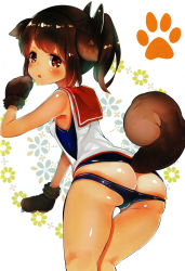 Rule 34 | 1girl, animal ears, ass, blush, brown eyes, brown hair, dog ears, dog paws, dog tail, floral background, hair ornament, highres, i-401 (kancolle), kantai collection, kemonomimi mode, leaning forward, looking at viewer, open mouth, paw print, paw print background, paws, ponytail, school swimsuit, short hair, solo, standing, suzuho hotaru, swimsuit, tail, tan, tanline, twitter username
